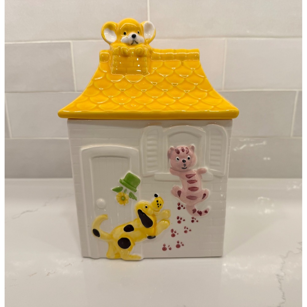 Cookie Jar House Dog Cat Mouse Large White Yellow Ceramic Vintage